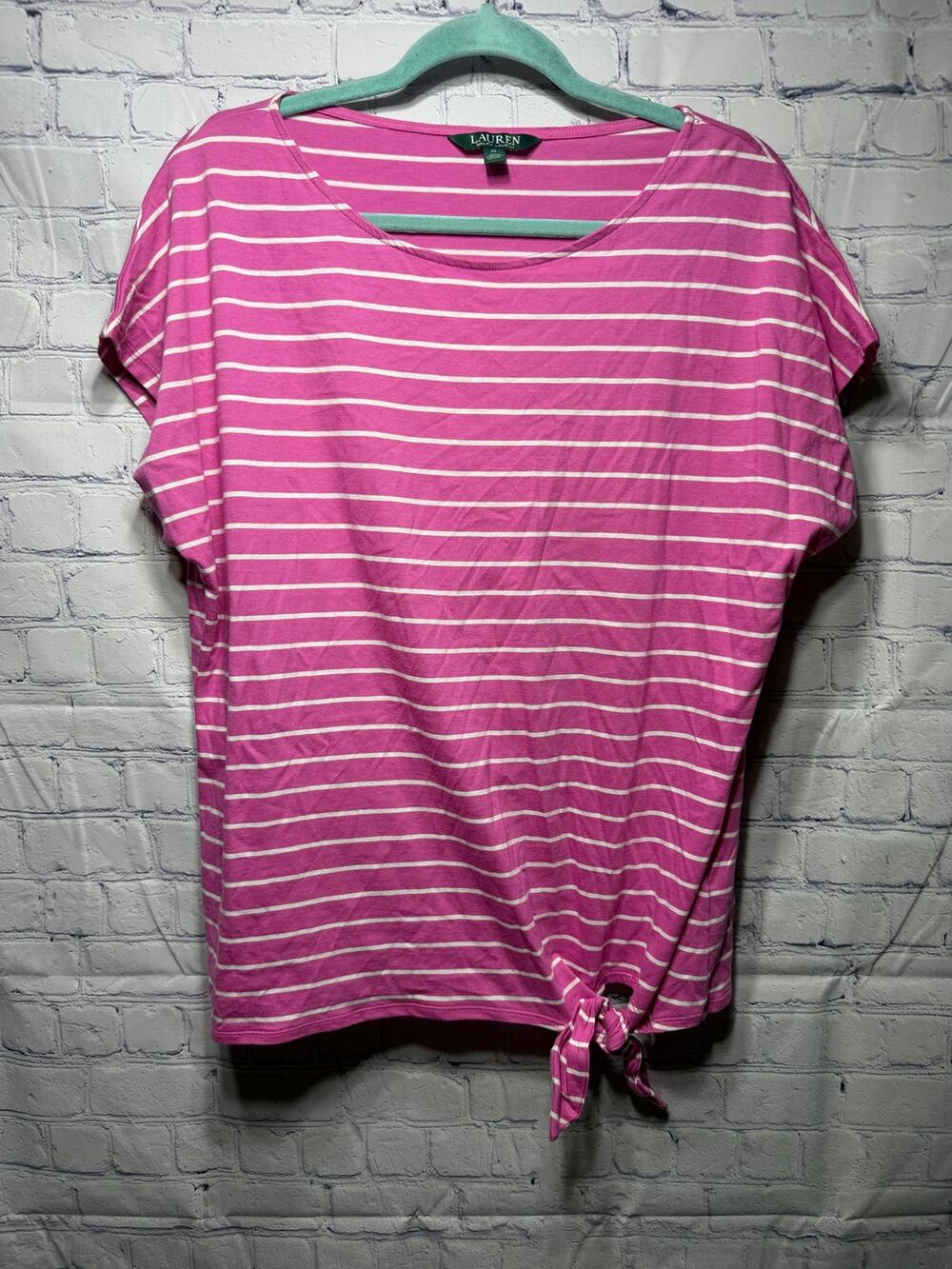 Lauren Ralph Lauren Womens Short Sleeve Striped Tie Front Top Pink Size XL